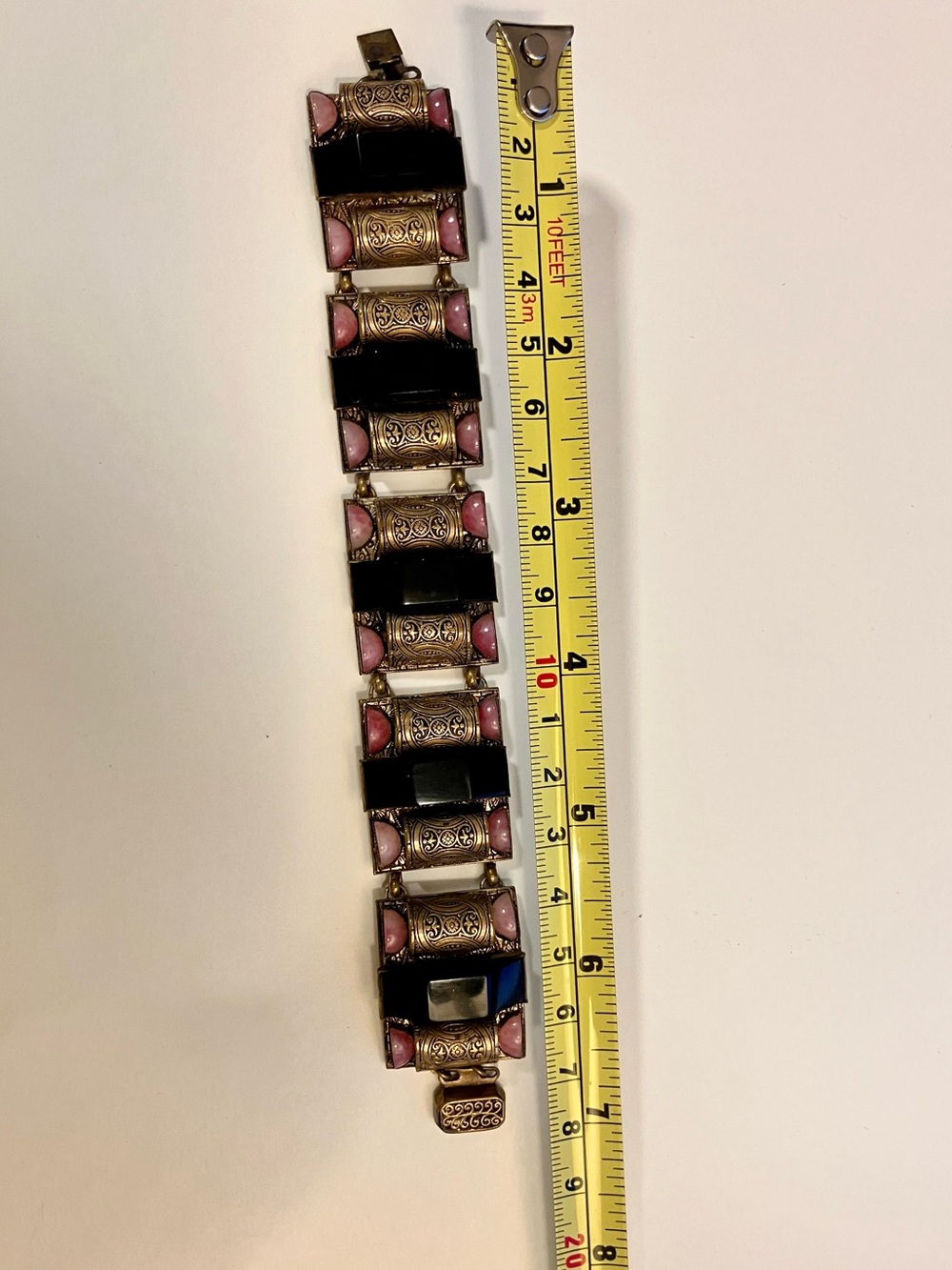Antique Made in Czech Art Deco Black Pink Glass Brass Ornate Paneled Bracelet 7”